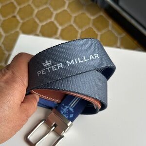 Peter Millar Navy Canvas Belt with Brown Leather Trim and Silver Buckle